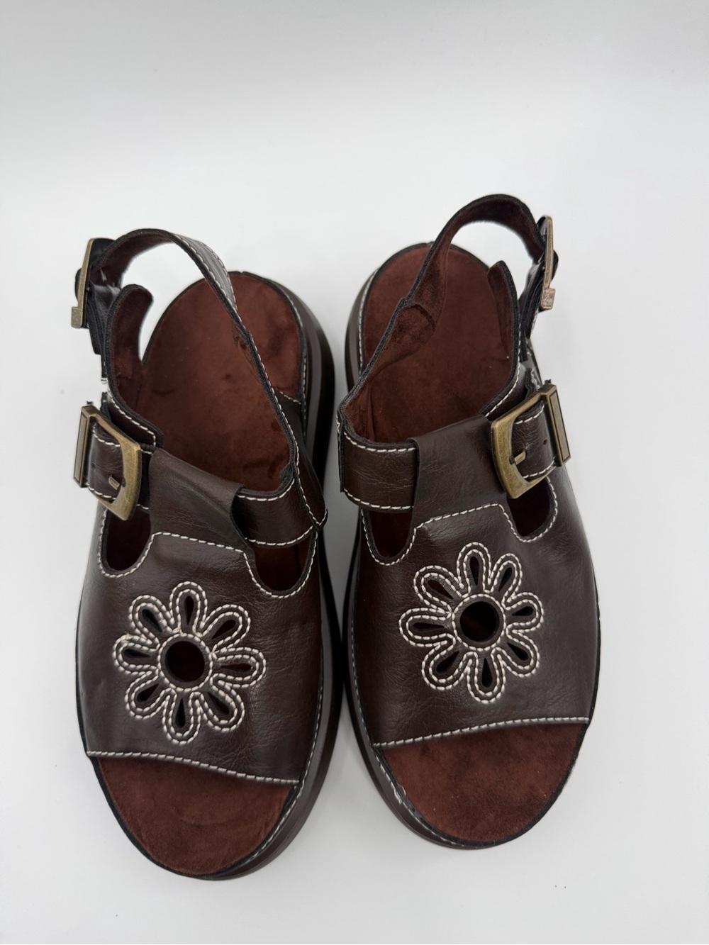 Brown Faux Leather Floral Cut Out Flatform Fisherman Sandals - Picture 3 of 6